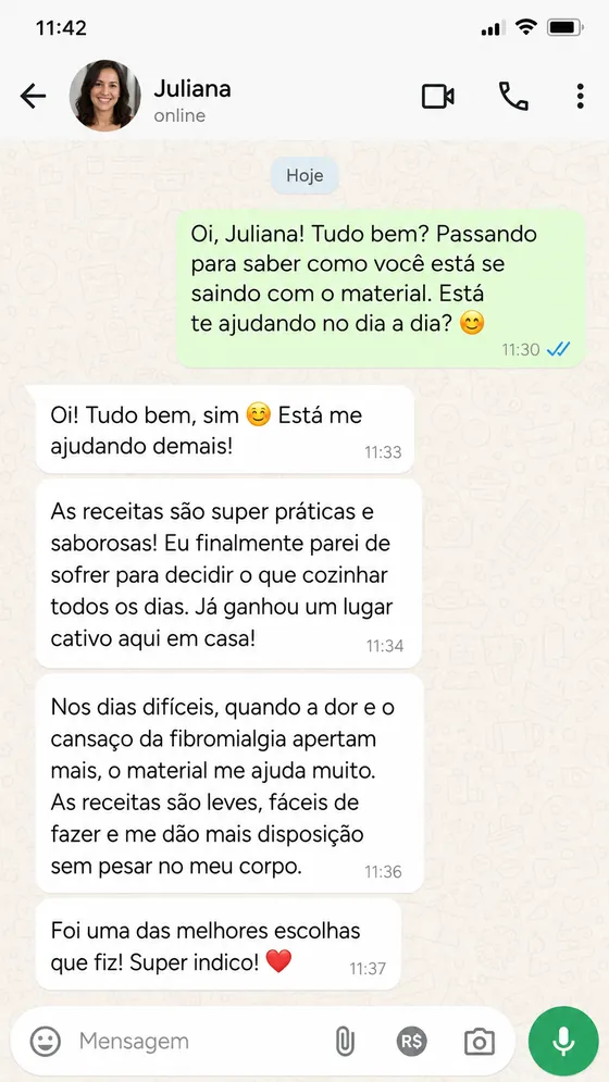 Depoimento de Luciana no WhatsApp sobre as receitas