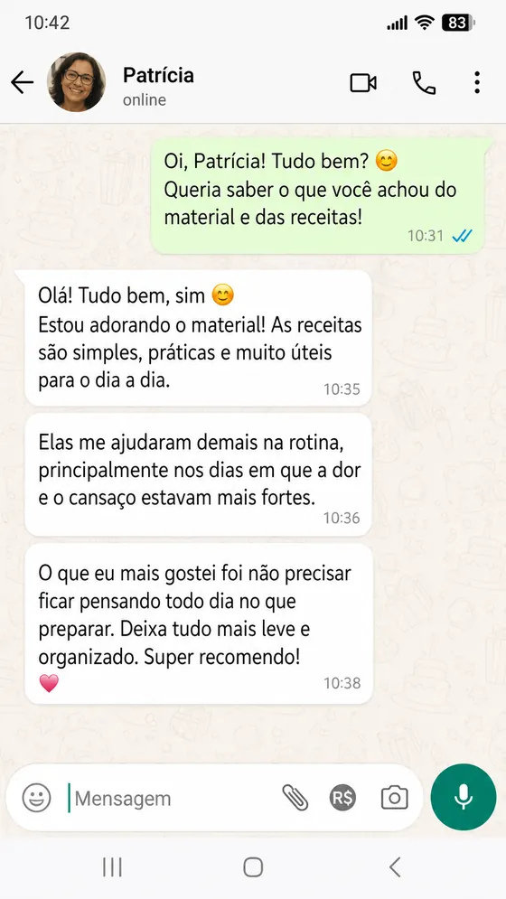 Depoimento de Camila no WhatsApp sobre o produto
