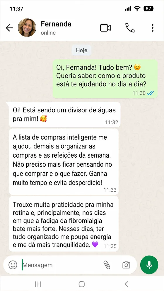 Depoimento de Patrícia no WhatsApp sobre as receitas