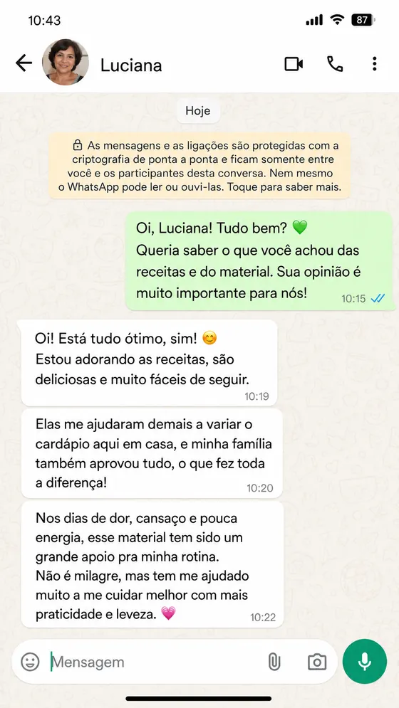 Depoimento de Fernanda no WhatsApp sobre o produto
