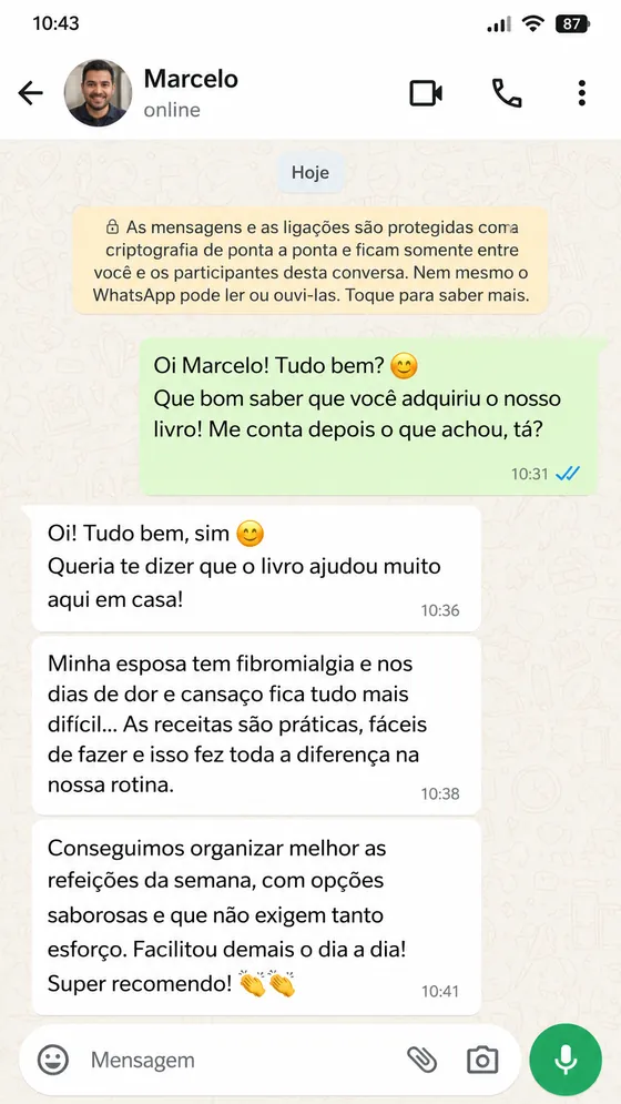 Depoimento de Juliana no WhatsApp sobre o material