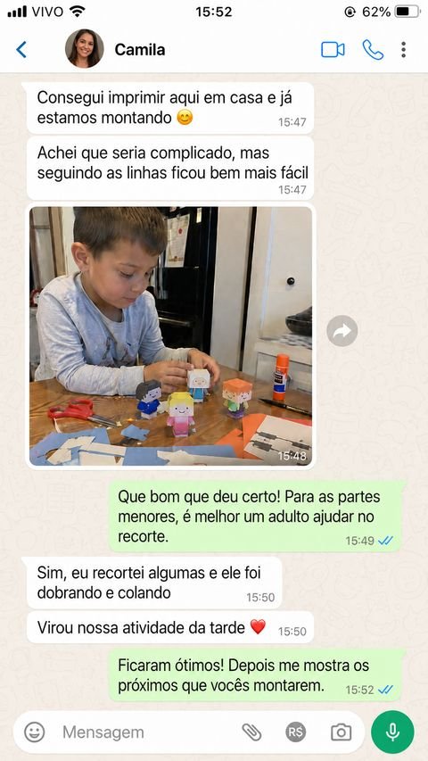 Menino recortando personagens de papel 3D