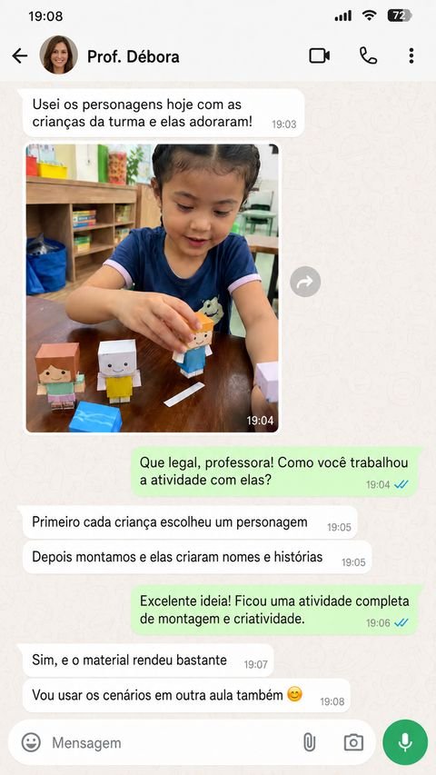 Menina brincando com personagens de papel 3D
