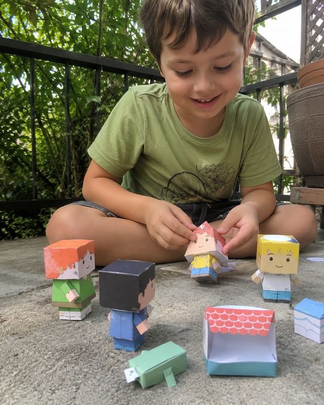 Niño sonriendo con sus personajes de papel 3D